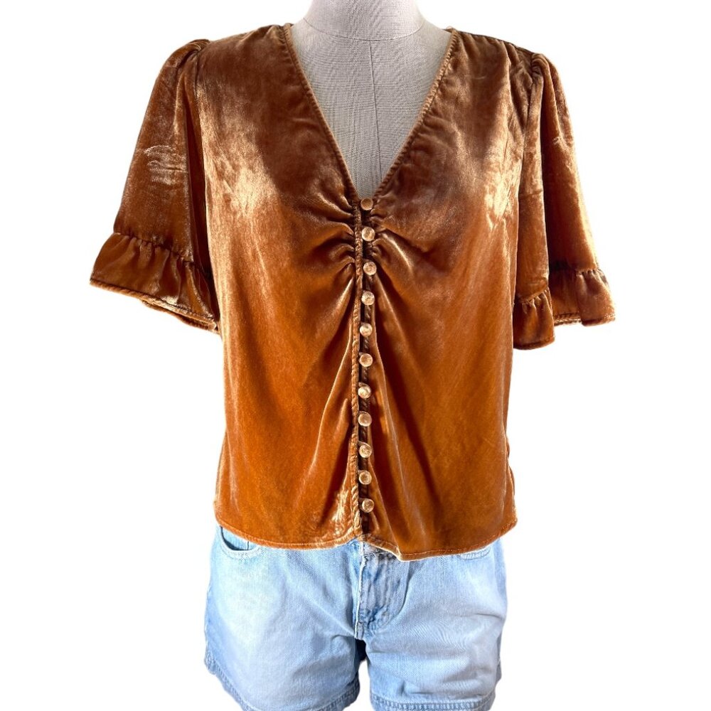 Madewell Daylight Copper Button Down Plush Velour Top Ruffled Sleeves Size 4 NWT